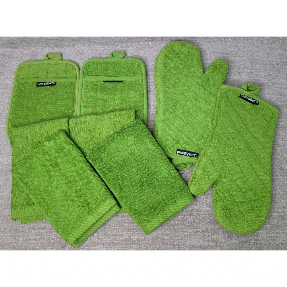 Crate & Barrel 8pc Kitchen Set Lime Green Oven Mitts Pot Holders Dish Towels